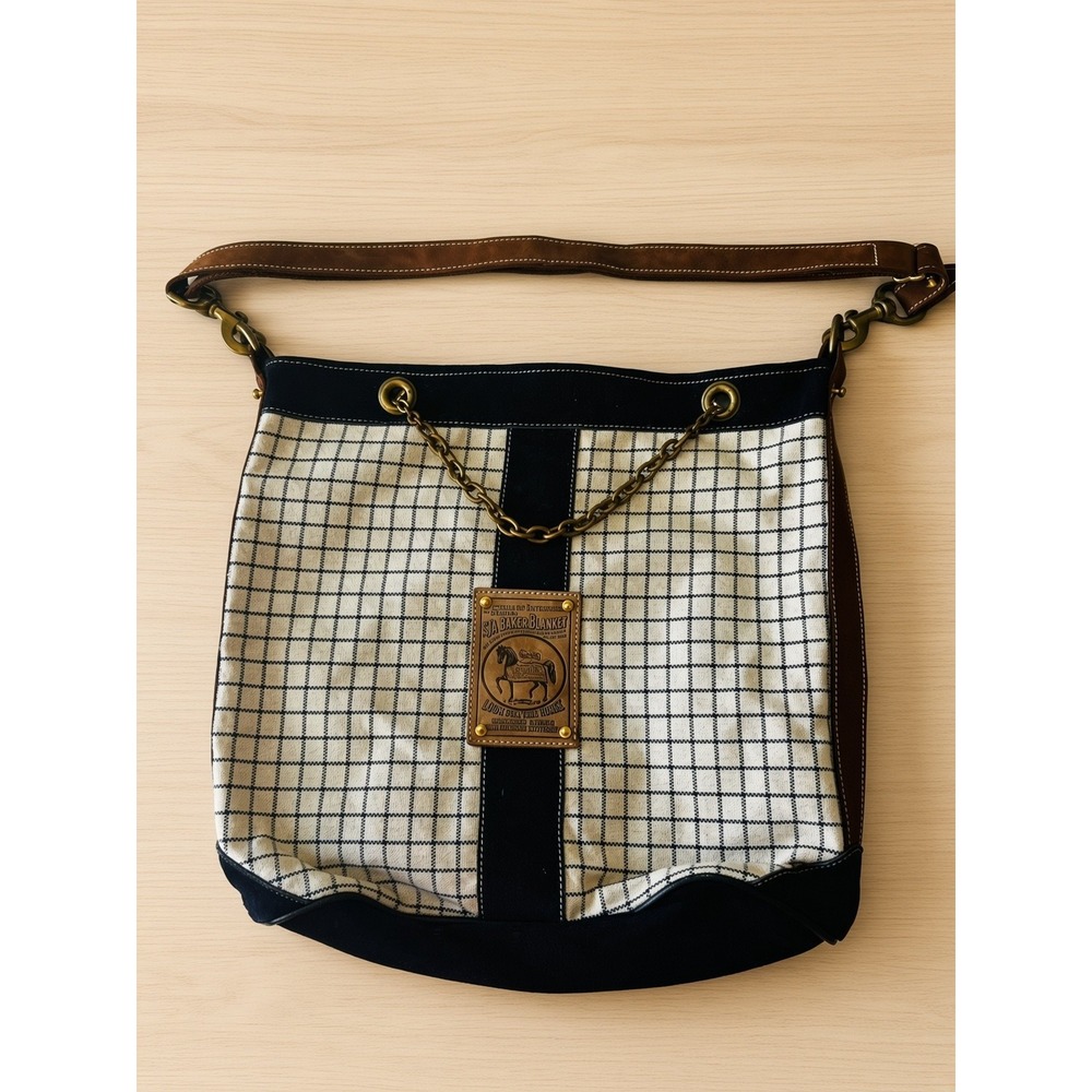 5/A Baker Blanket Windowpane Canvas Bucket Bag Leather Strap Equestrian